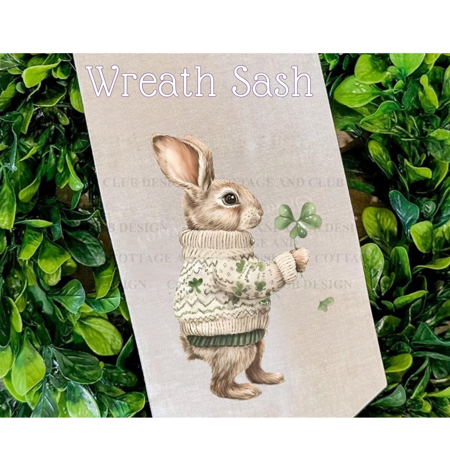 St. Patrick's Day Embroidered Bunny Couple Wreath Sash, Easter Bunny Monogram Spring Door Hanger, Linen Decor