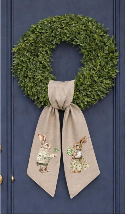 St. Patrick's Day Embroidered Bunny Couple Wreath Sash, Easter Bunny Monogram Spring Door Hanger, Linen Decor