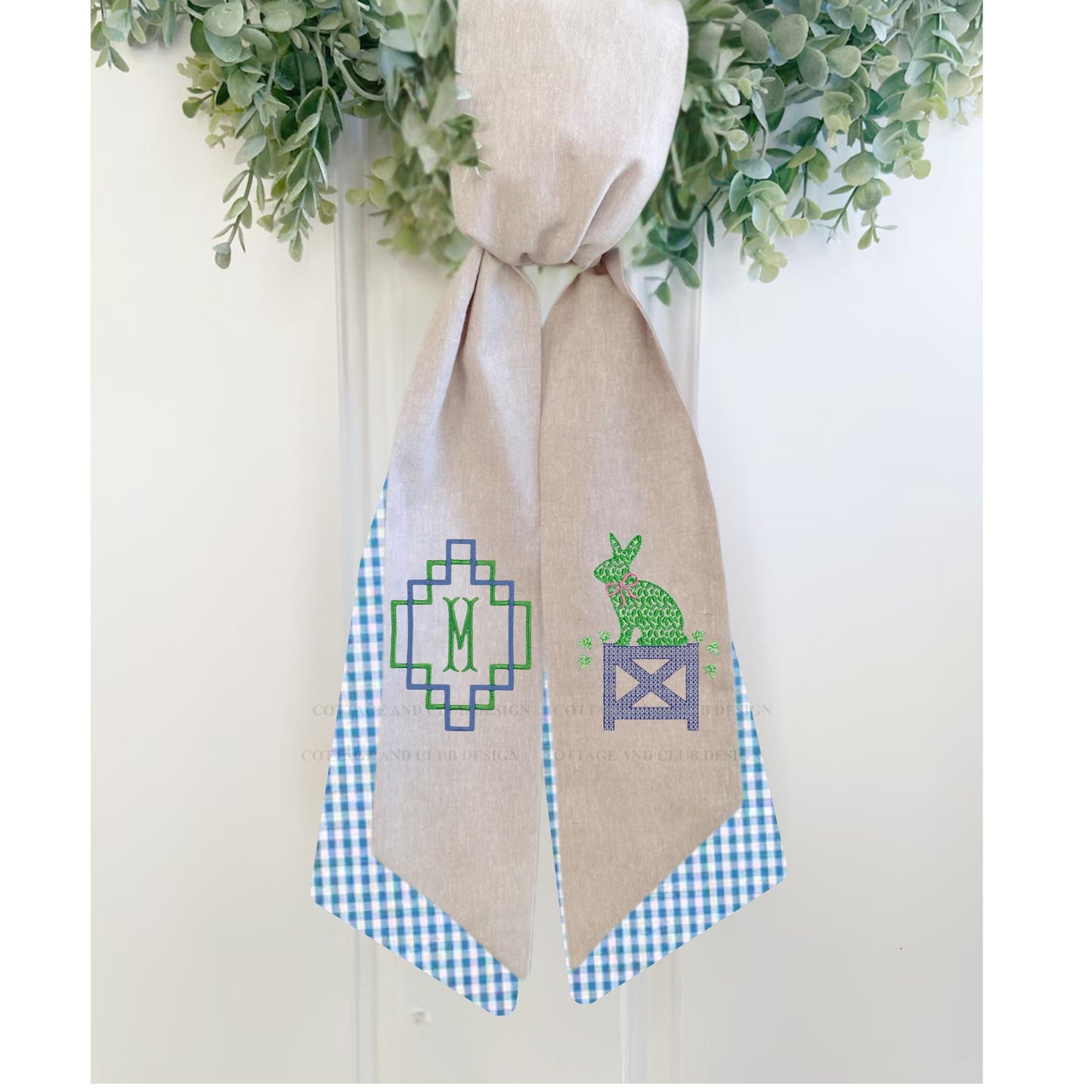 Blue & White Bunny Easter Topiary Monogram Chinoiserie Wreath Sash