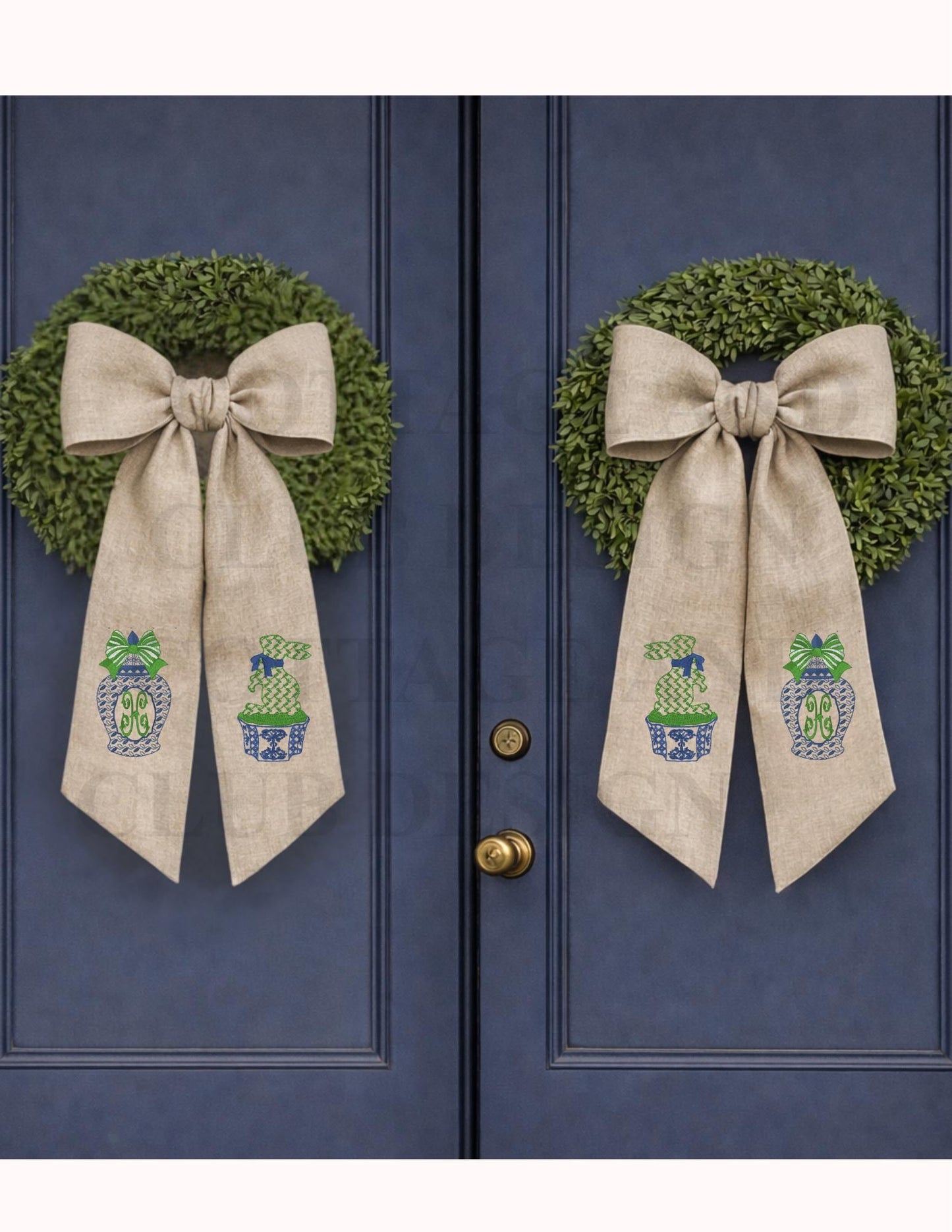 Chinoiserie Easter Wreath Sash, Embroidered Bunny Topiary Wreath Sash, Ginger Jar Monogram Spring Door Hanger, Linen Decor