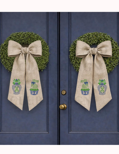 Chinoiserie Easter Wreath Sash, Embroidered Bunny Topiary Wreath Sash, Ginger Jar Monogram Spring Door Hanger, Linen Decor