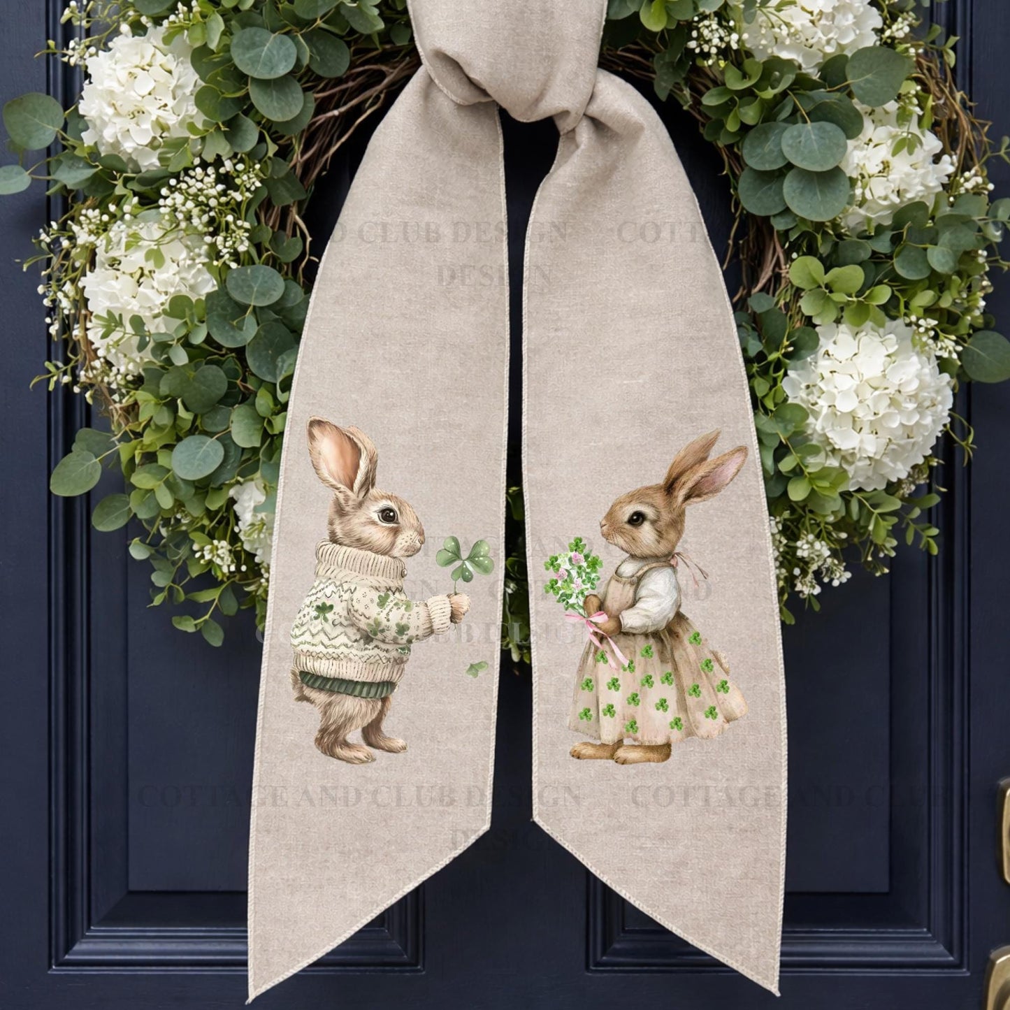 St. Patrick's Day Embroidered Bunny Couple Wreath Sash, Easter Bunny Monogram Spring Door Hanger, Linen Decor
