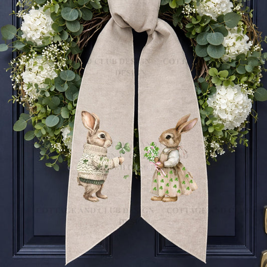 St. Patrick's Day Embroidered Bunny Couple Wreath Sash, Easter Bunny Monogram Spring Door Hanger, Linen Decor