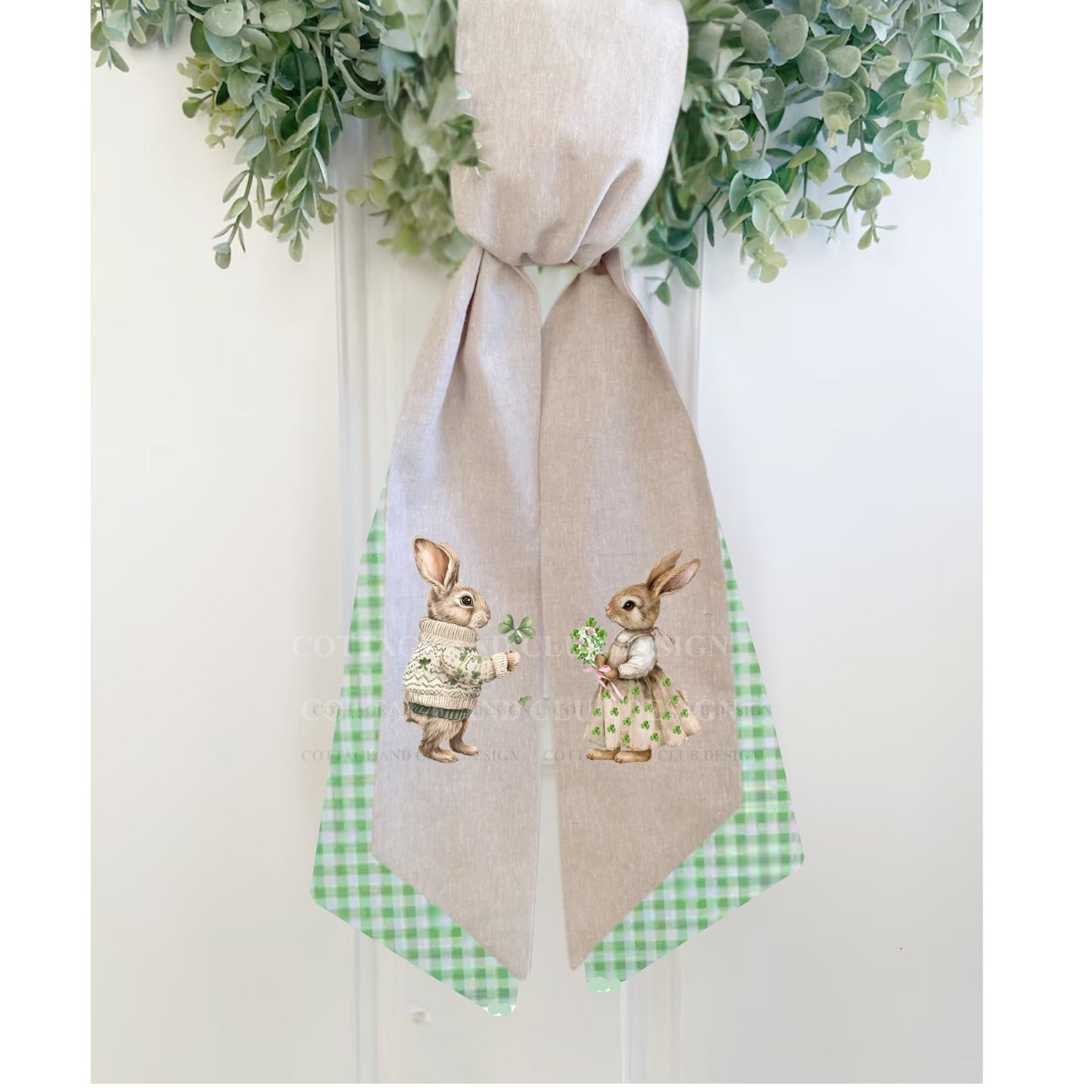 St. Patrick's Day Embroidered Bunny Couple Wreath Sash, Easter Bunny Monogram Spring Door Hanger, Linen Decor