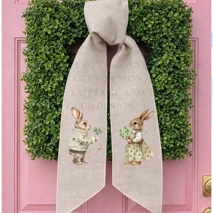 St. Patrick's Day Embroidered Bunny Couple Wreath Sash, Easter Bunny Monogram Spring Door Hanger, Linen Decor