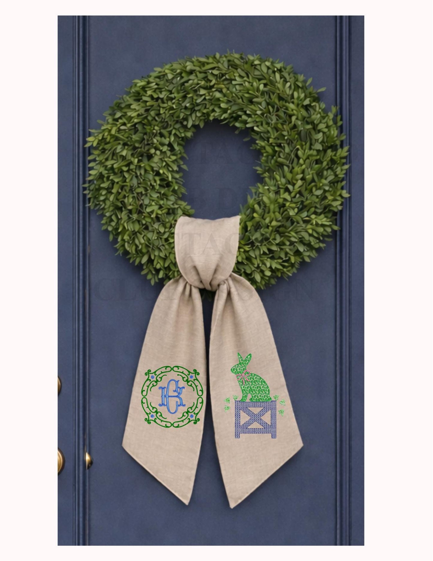Blue & White Bunny Easter Topiary Wreath Sash
