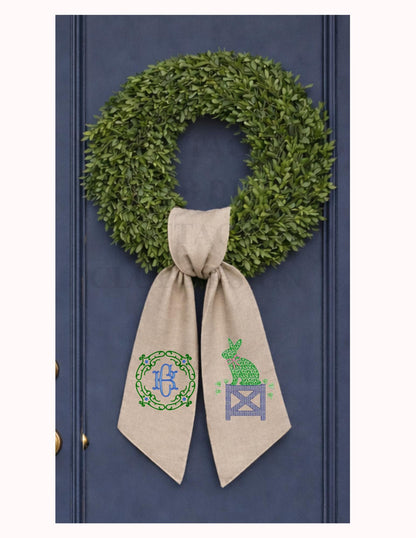Blue & White Bunny Easter Topiary Monogram Chinoiserie Wreath Sash