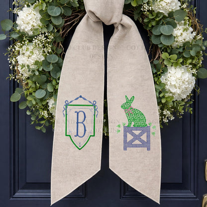 Blue & White Bunny Easter Topiary Wreath Sash