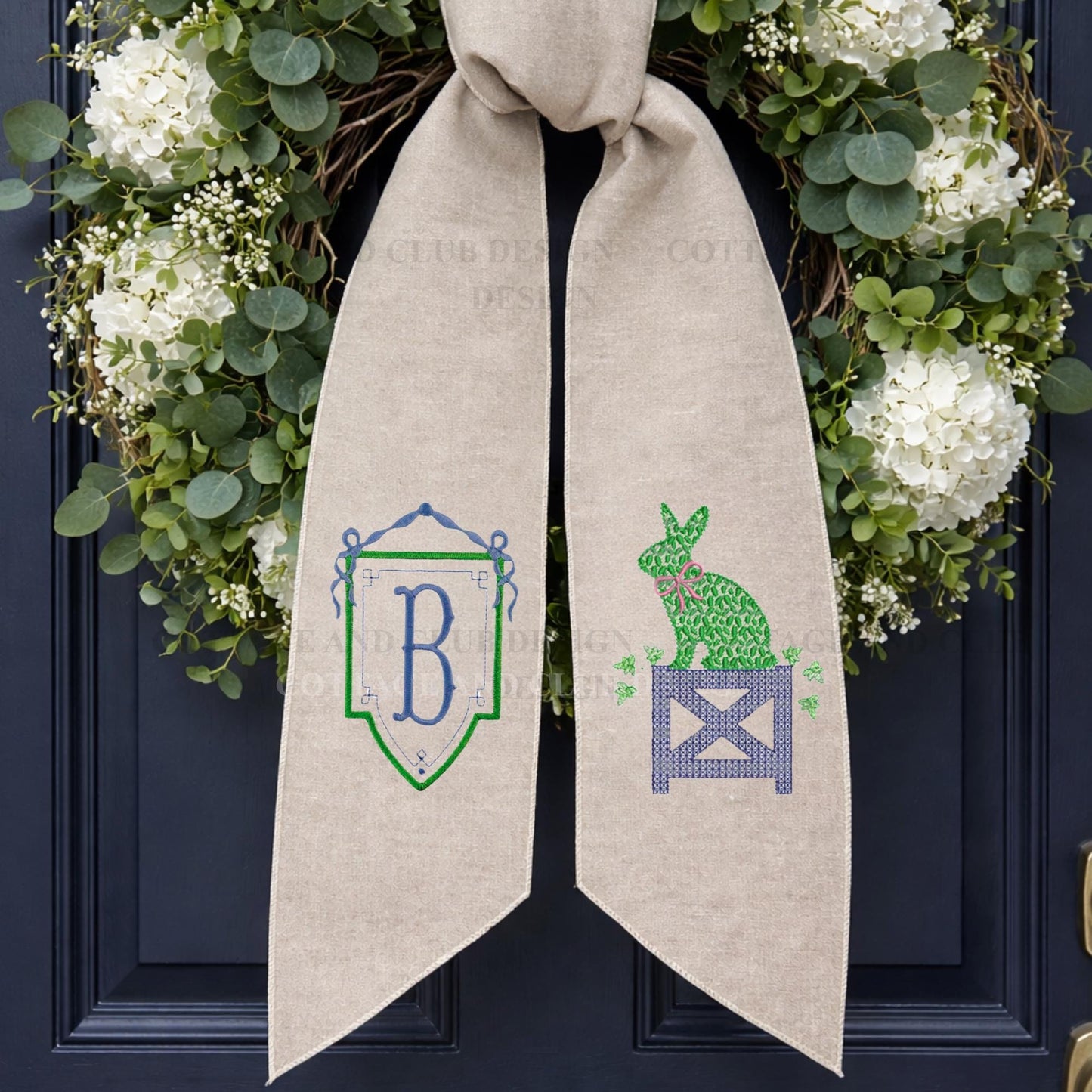 Blue & White Bunny Easter Topiary Monogram Chinoiserie Wreath Sash