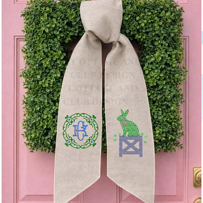 Blue & White Bunny Easter Topiary Monogram Chinoiserie Wreath Sash