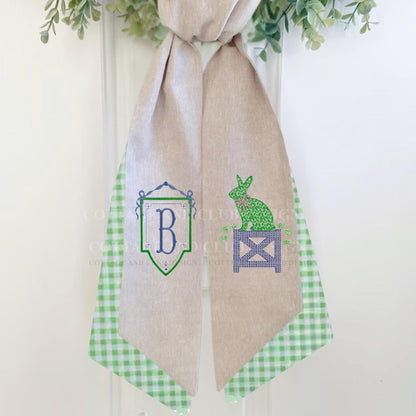 Blue & White Bunny Easter Topiary Monogram Chinoiserie Wreath Sash