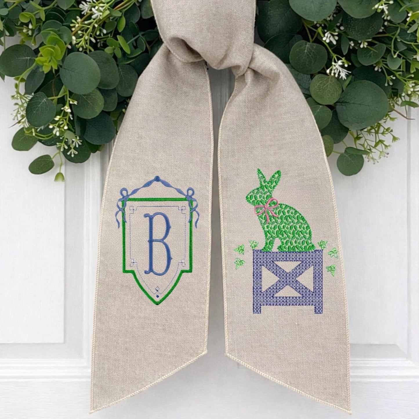 Blue & White Bunny Easter Topiary Wreath Sash