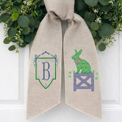 Blue & White Bunny Easter Topiary Wreath Sash