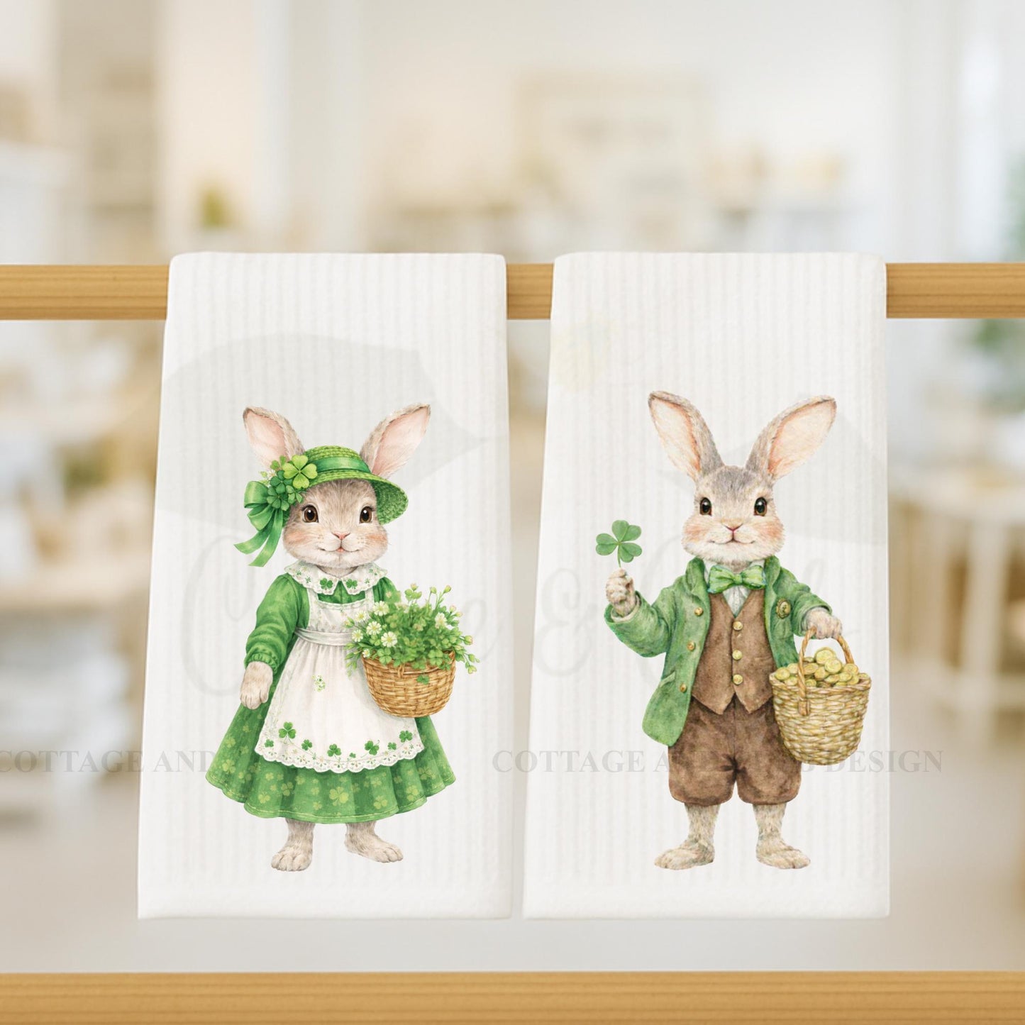 St. Patrick's Day Bunny Tea Towels, Irish Rabbit Designs, Spring Kitchen Decor
