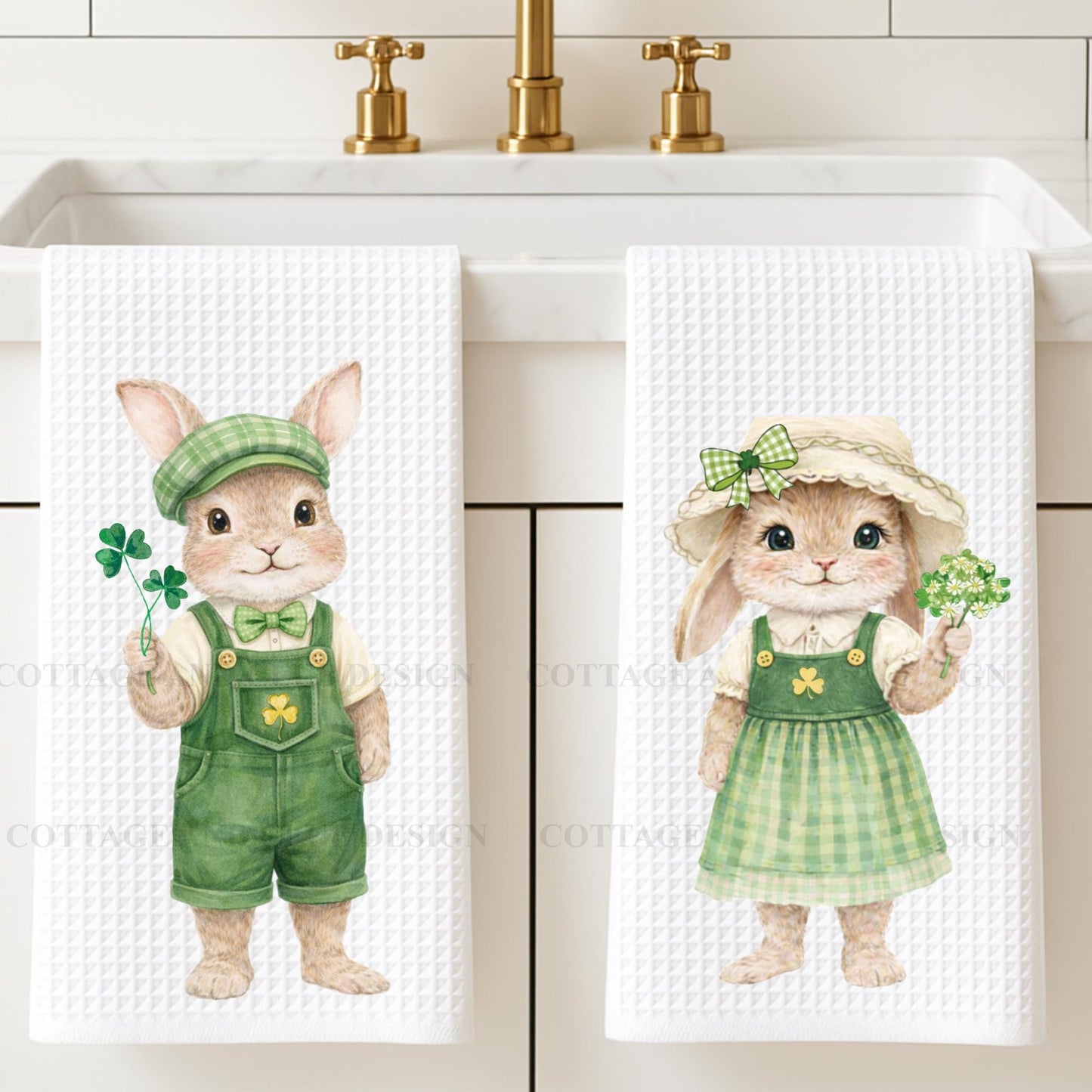 St. Patrick's Day Bunny Tea Towels, Irish Rabbit Designs, Spring Kitchen Decor
