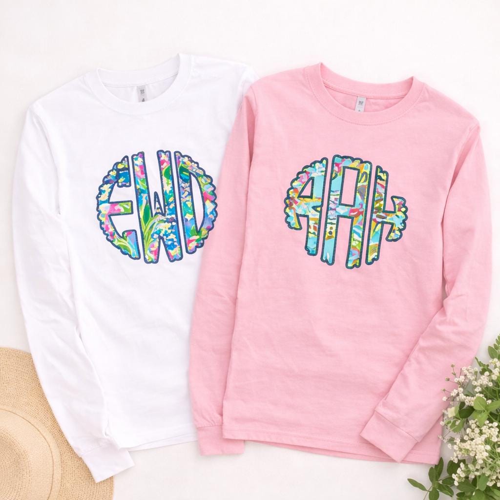 Long Sleeve Monogrammed T-Shirt, Lilly-Inspired Pattern, Preppy Monogram Tee, Personalized Initials Shirt, Southern Style