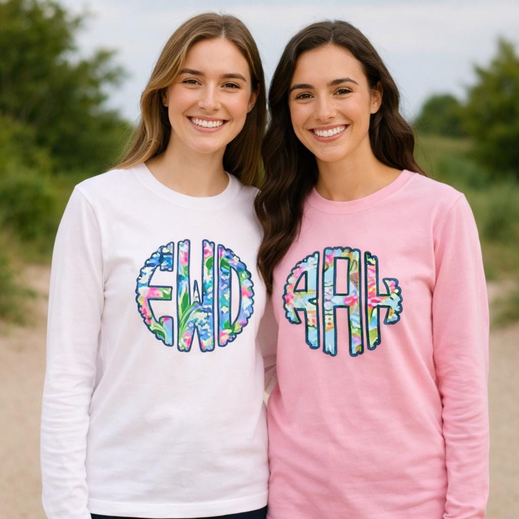 Long Sleeve Monogrammed T-Shirt, Lilly-Inspired Pattern, Preppy Monogram Tee, Personalized Initials Shirt, Southern Style