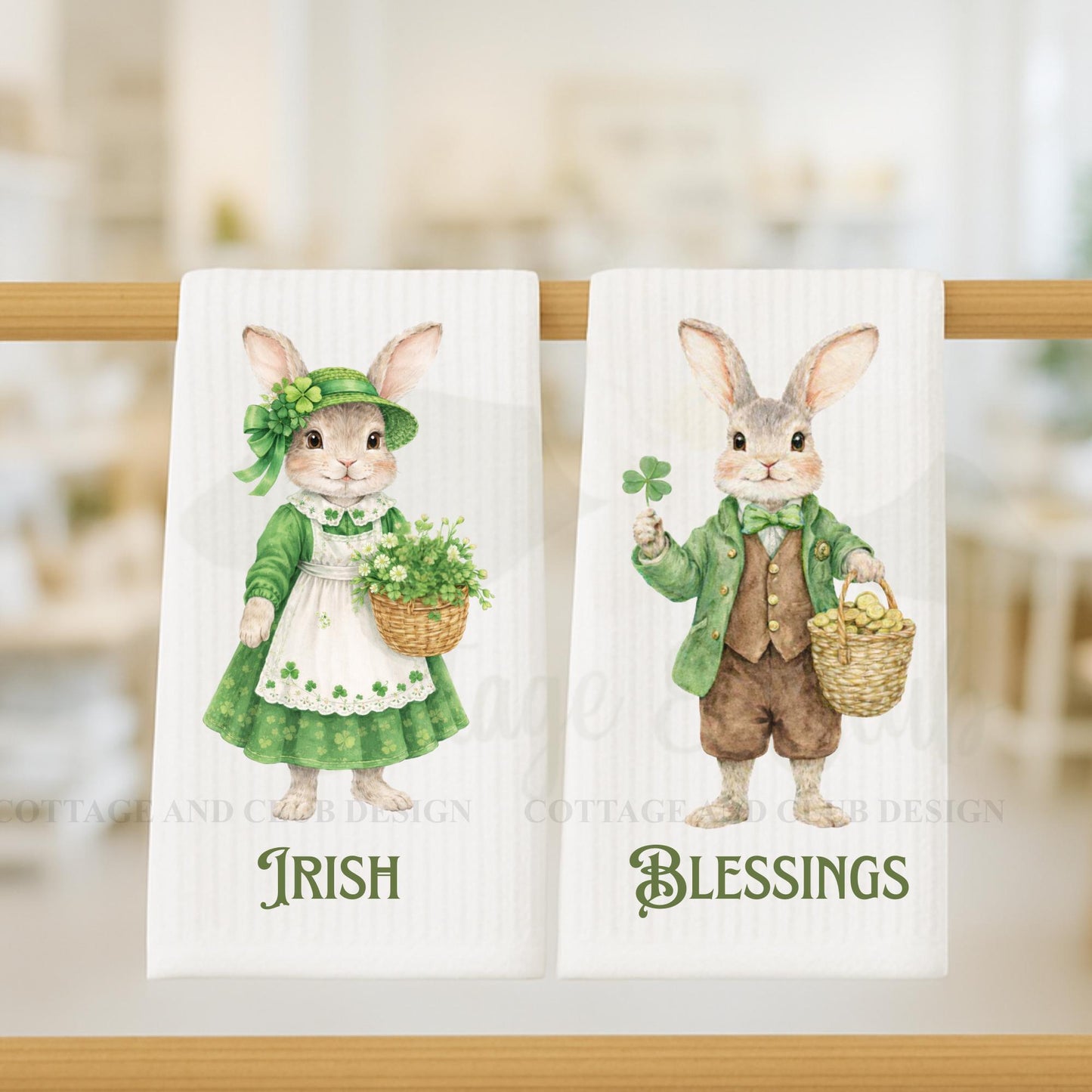 St. Patrick's Day Bunny Tea Towels, Irish Rabbit Designs, Spring Kitchen Decor