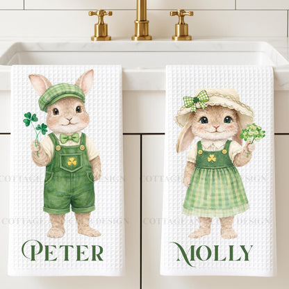 St. Patrick's Day Bunny Tea Towels, Irish Rabbit Designs, Spring Kitchen Decor