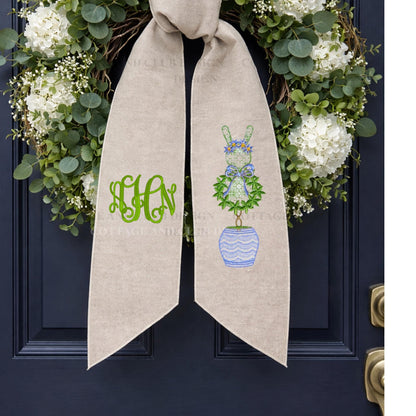 Easter Embroidered Wreath Sash Spring Bunny Pastel Rabbit & Easter Egg Front Porch Decor