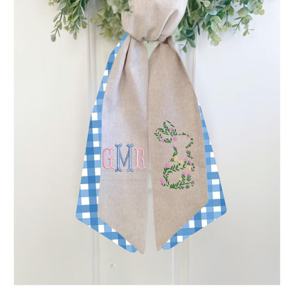 Easter Embroidered Wreath Sash Spring Bunny Pastel Rabbit & Easter Egg Front Porch Decor