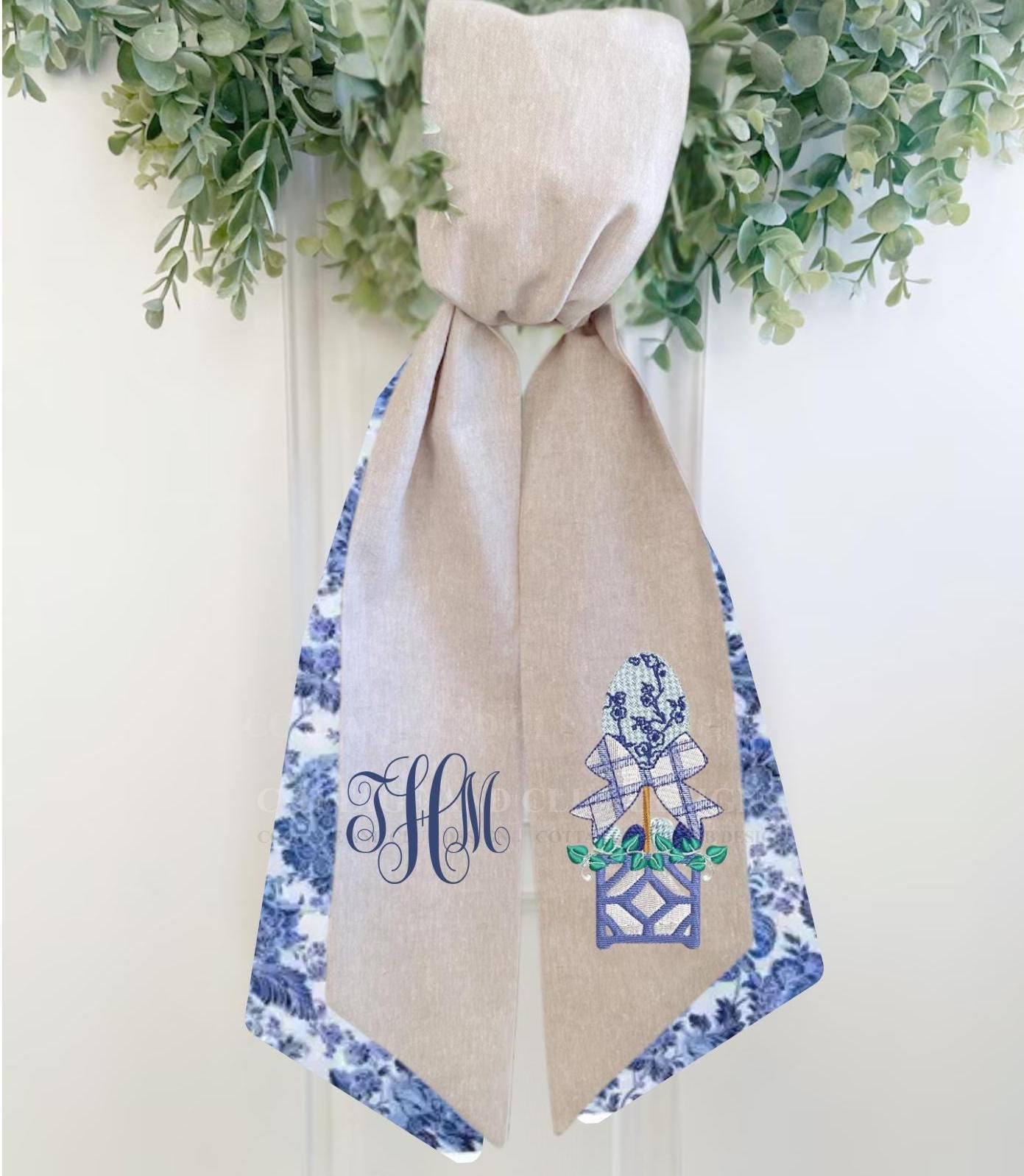 Easter Embroidered Wreath Sash Spring Bunny Pastel Rabbit & Easter Egg Front Porch Decor