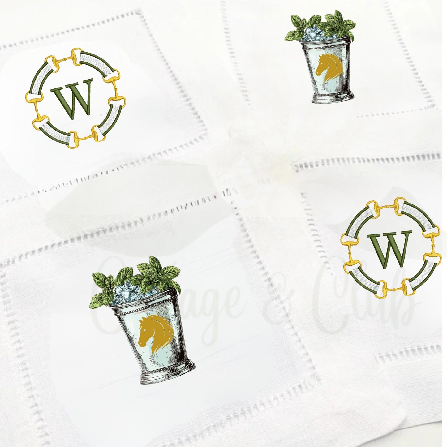 Kentucky Derby Equestrian Horse Race Embroidered Linen Hemstitch Personalized Cocktail Drink Napkins - Set of 4