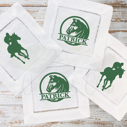Kentucky Derby Equestrian Horse Race Embroidered Linen Hemstitch Personalized Cocktail Drink Napkins - Set of 4