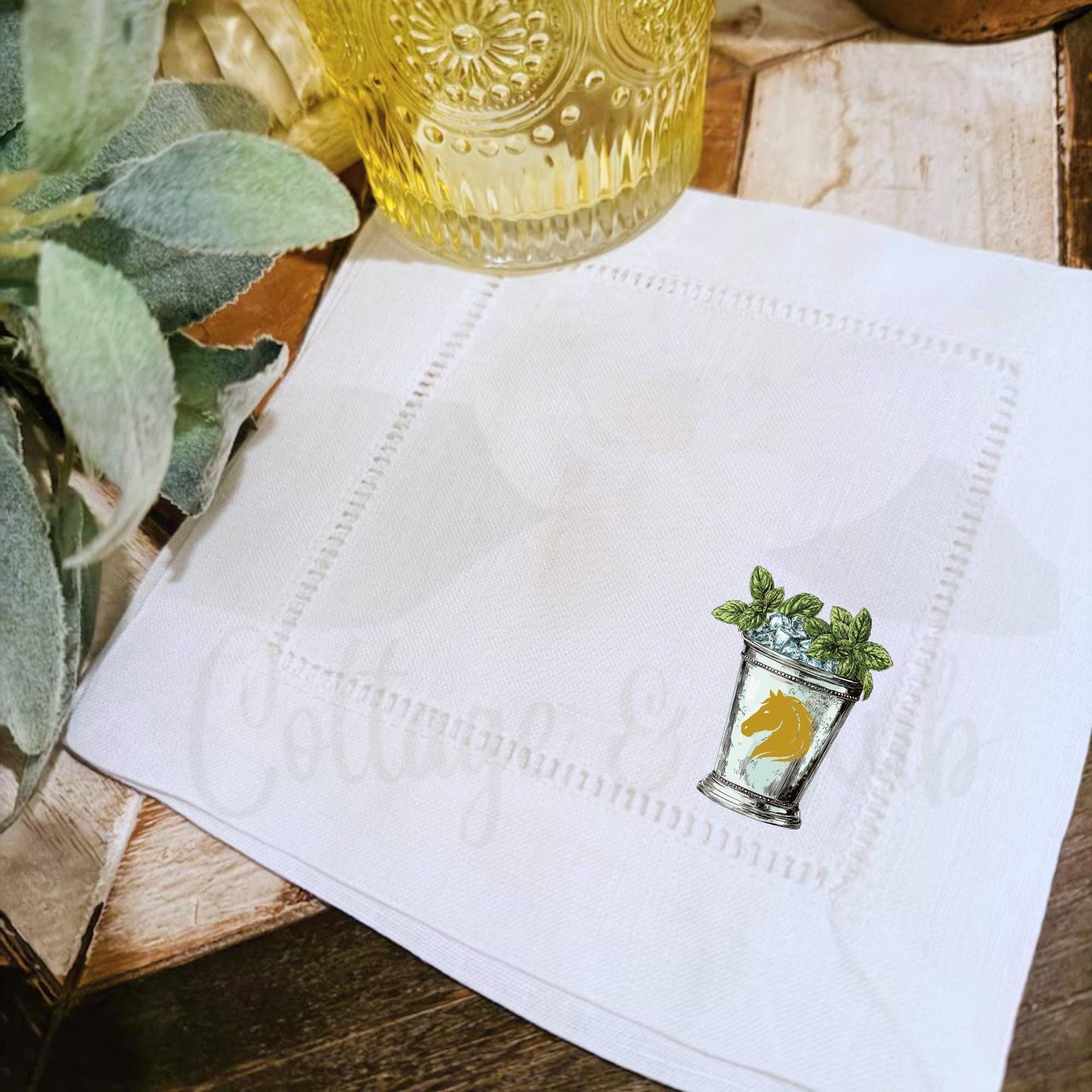 Kentucky Derby Equestrian Horse Race Embroidered Linen Hemstitch Personalized Cocktail Drink Napkins - Set of 4