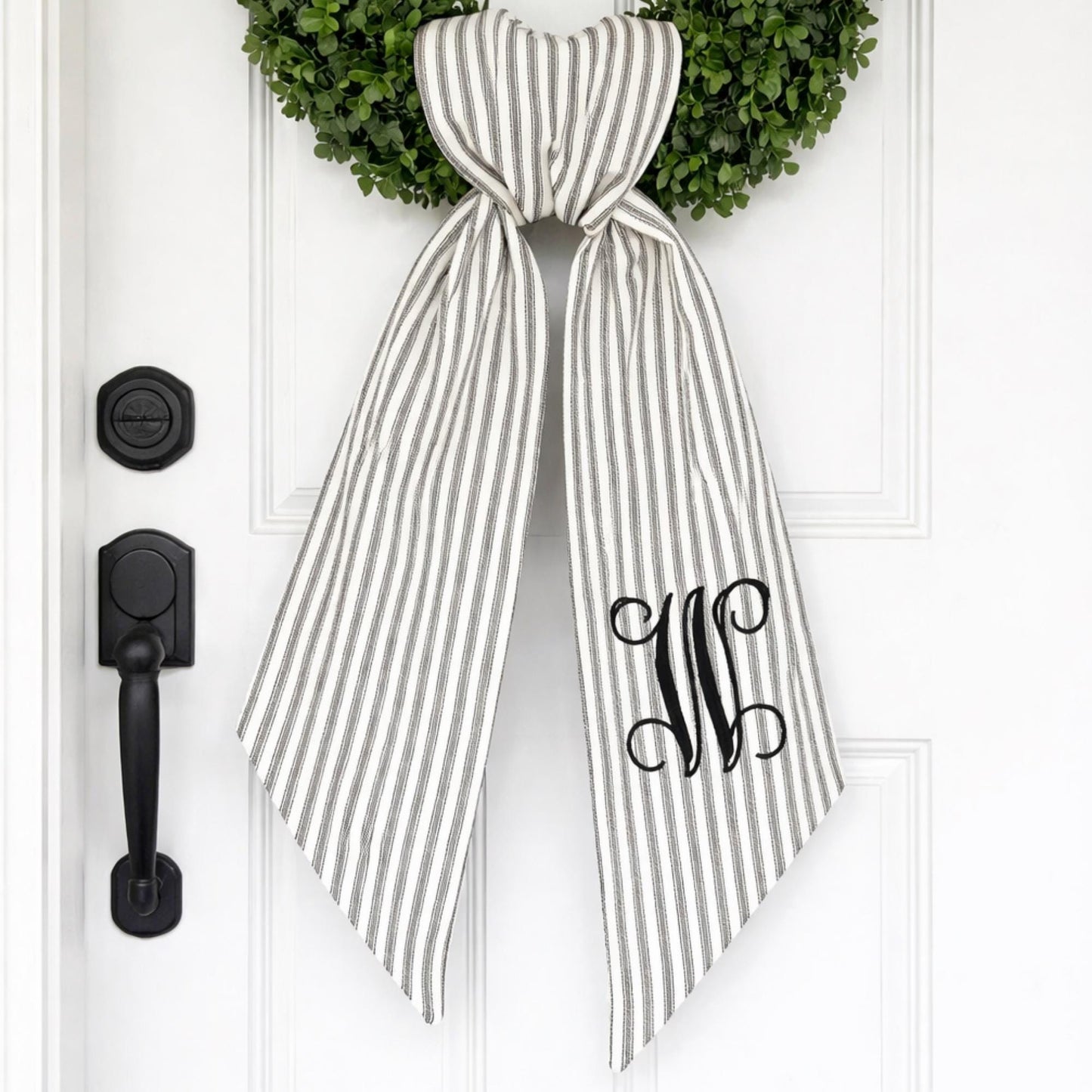 Striped Black and White Wreath Embroidered Everyday Wreath Sash for Front Door Ticking Stripes Monogrammed Personalized  Wreath Sash