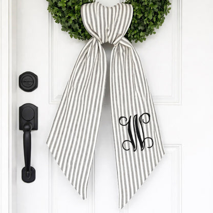 Striped Black and White Wreath Embroidered Everyday Wreath Sash for Front Door Ticking Stripes Monogrammed Personalized  Wreath Sash