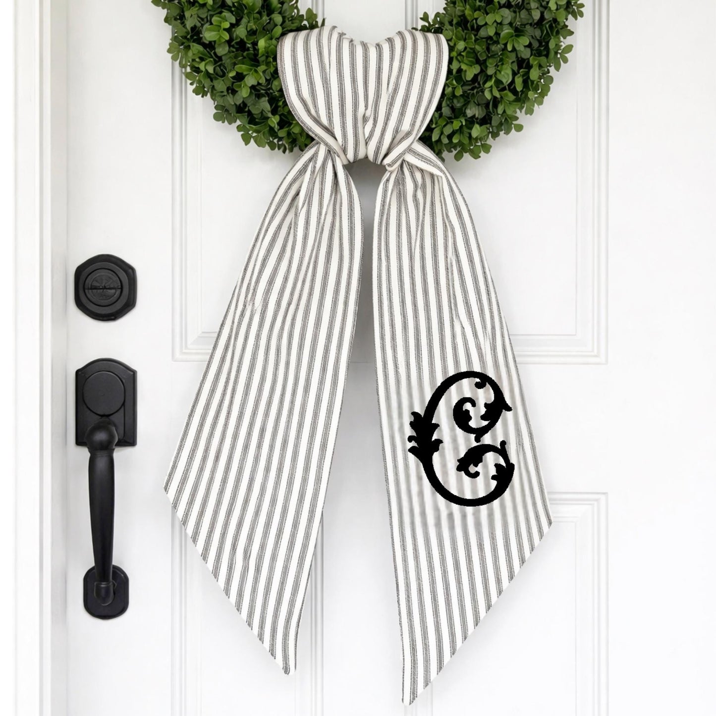 Striped Black and White Wreath Embroidered Everyday Wreath Sash for Front Door Ticking Stripes Monogrammed Personalized  Wreath Sash