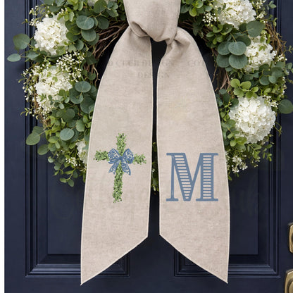 Embroidered Christian Cross Religious Monogrammed Wreath Sash