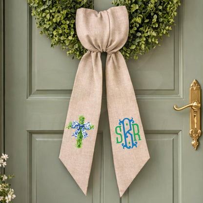 Embroidered Christian Cross Religious Monogrammed Wreath Sash