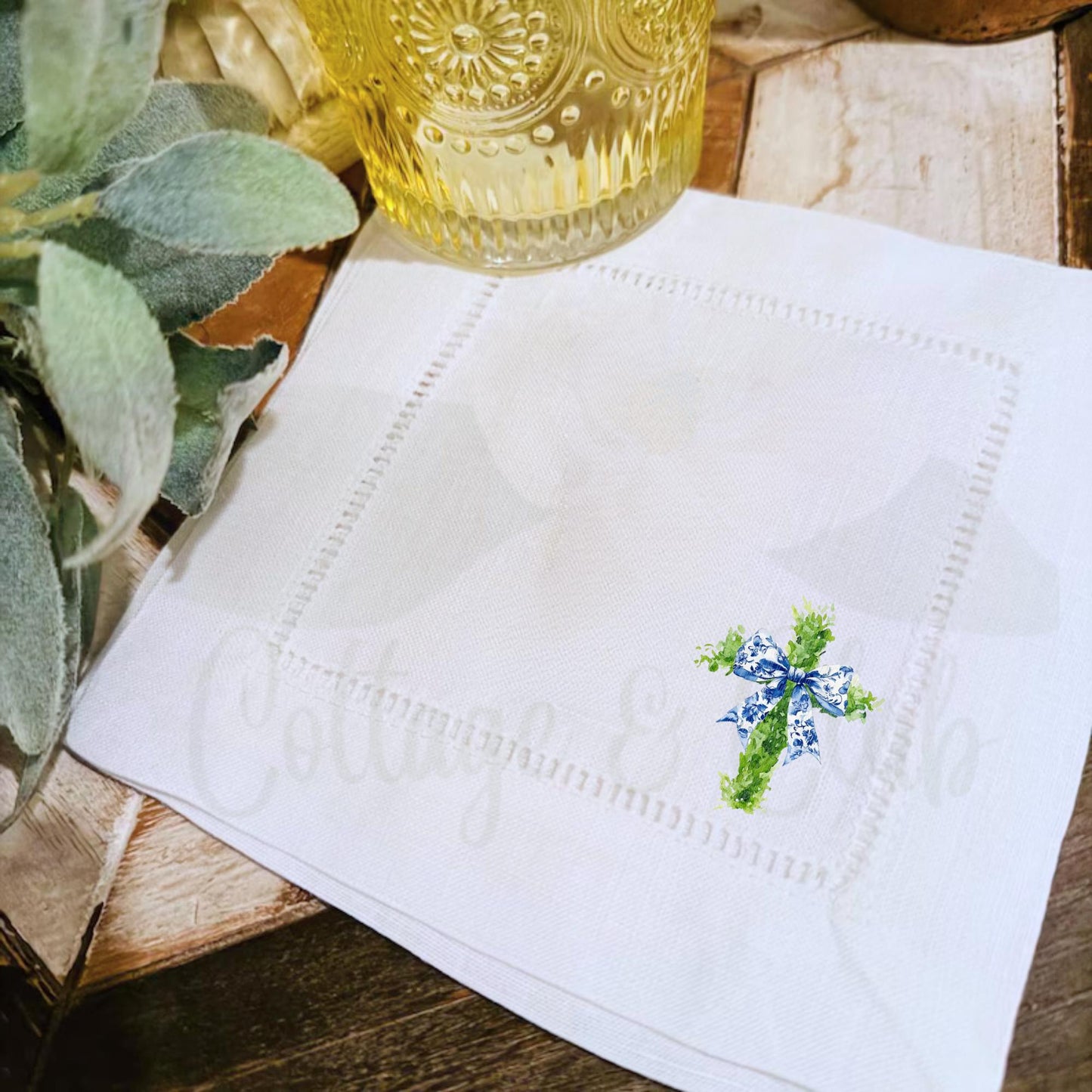 Embroidered Religious Christian Catholic Cross Linen Hemstitch Personalized Cocktail Drink Napkins - Set of 4