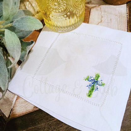 Embroidered Religious Christian Catholic Cross Linen Hemstitch Personalized Cocktail Drink Napkins - Set of 4