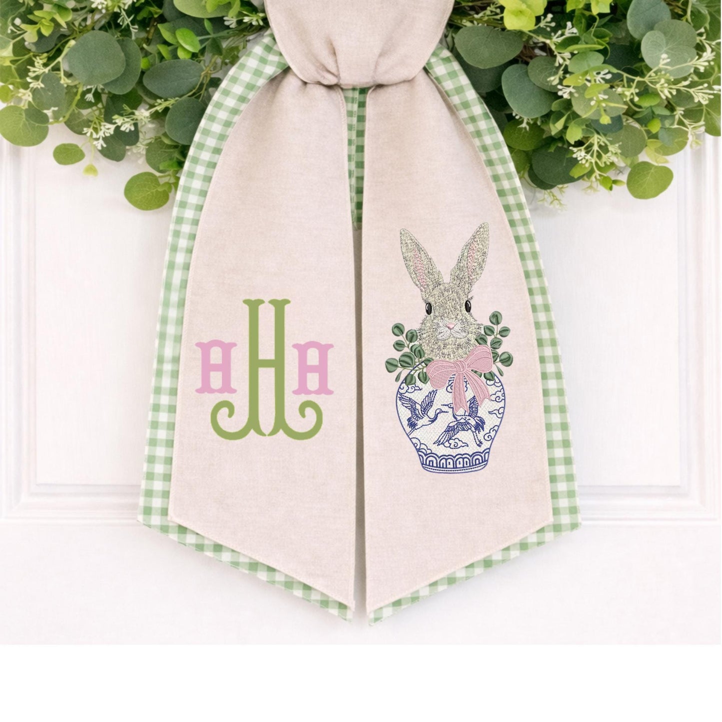 Easter Embroidered Wreath Sash Spring Bunny Pastel Rabbit & Easter Egg Front Porch Decor