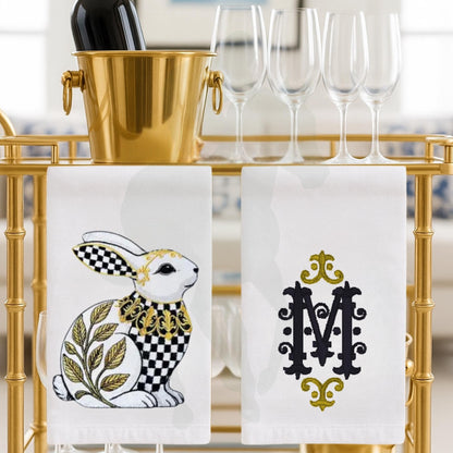 Black & White Check Bunny Rabbit Tea Towel - Courtly Check Inspired Design