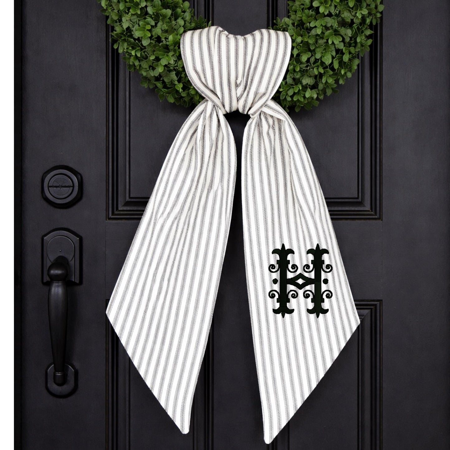 Striped Black and White Wreath Embroidered Everyday Wreath Sash for Front Door Ticking Stripes Monogrammed Personalized  Wreath Sash