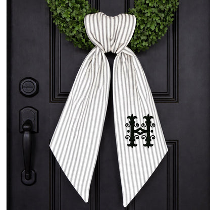 Striped Black and White Wreath Embroidered Everyday Wreath Sash for Front Door Ticking Stripes Monogrammed Personalized  Wreath Sash