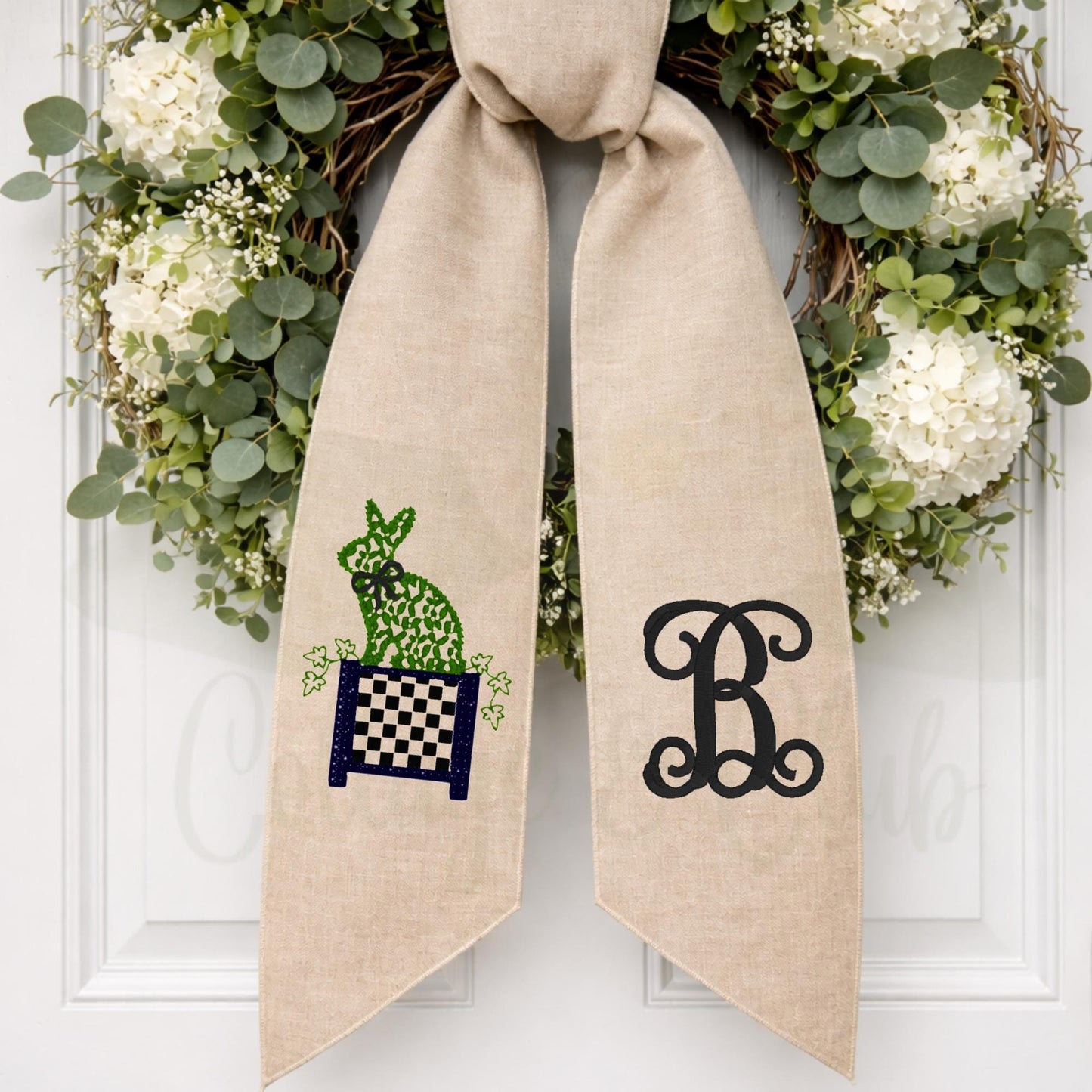 Black and White Checkered Spring Wreath Embroidered Everyday Wreath Sash for Front Door Monogrammed Personalized  Wreath Sash