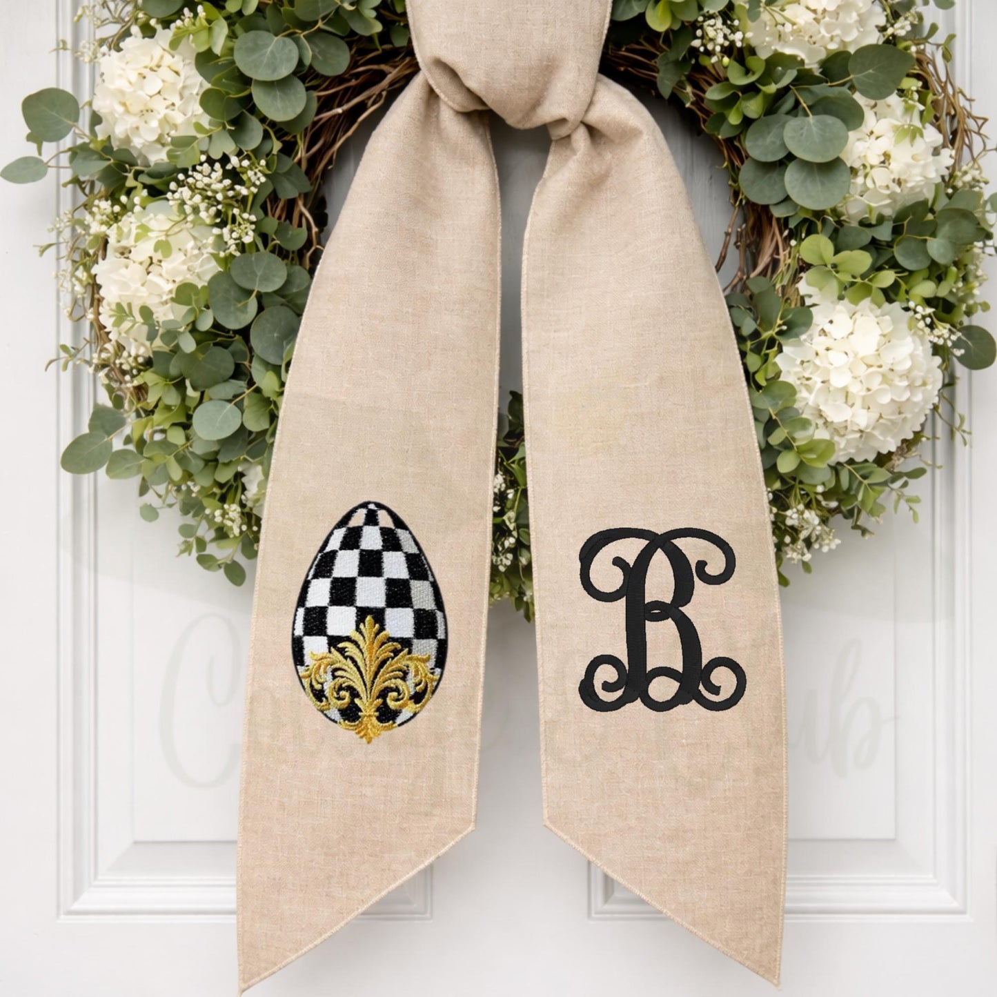Black and White Checkered Spring Wreath Embroidered Easter Wreath Sash for Front Door Monogrammed Personalized  Wreath Sash