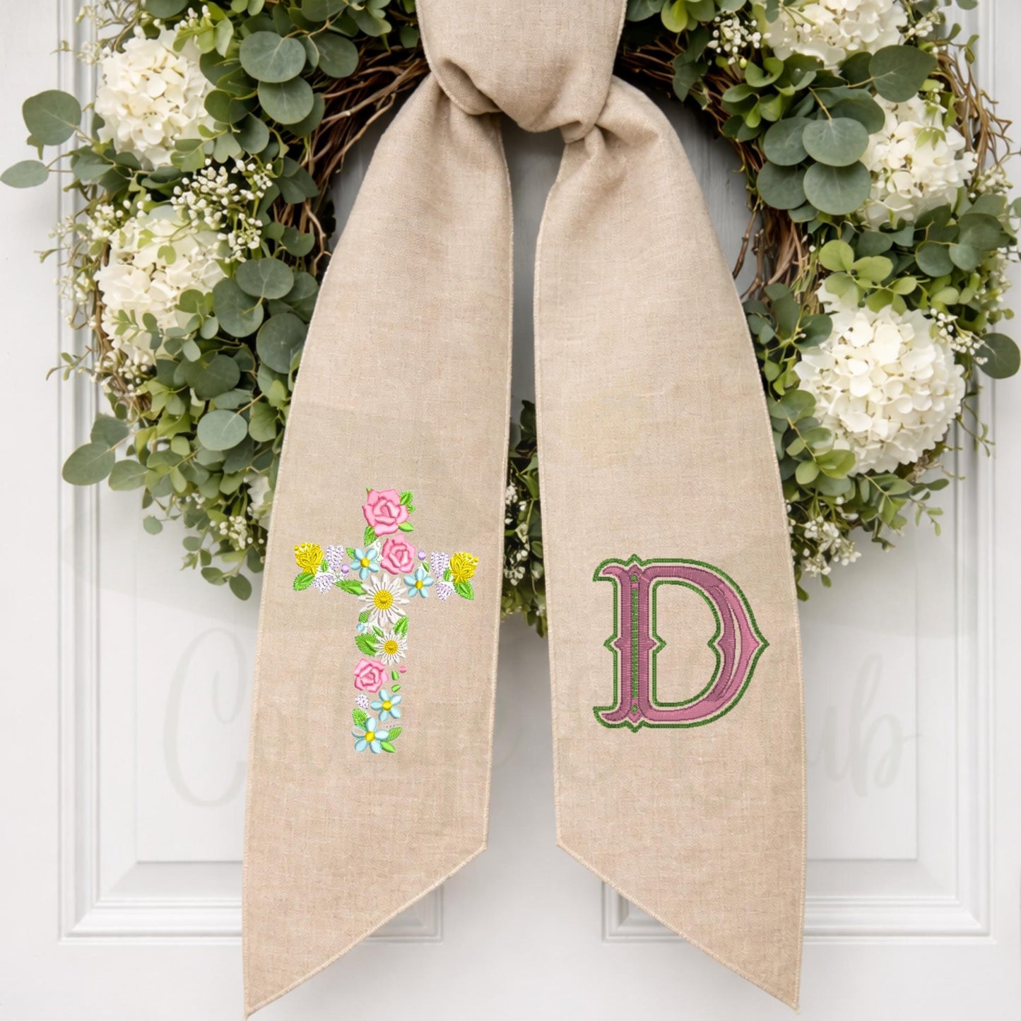 Embroidered Christian Cross Religious Monogrammed Wreath Sash