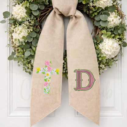 Embroidered Christian Cross Religious Monogrammed Wreath Sash