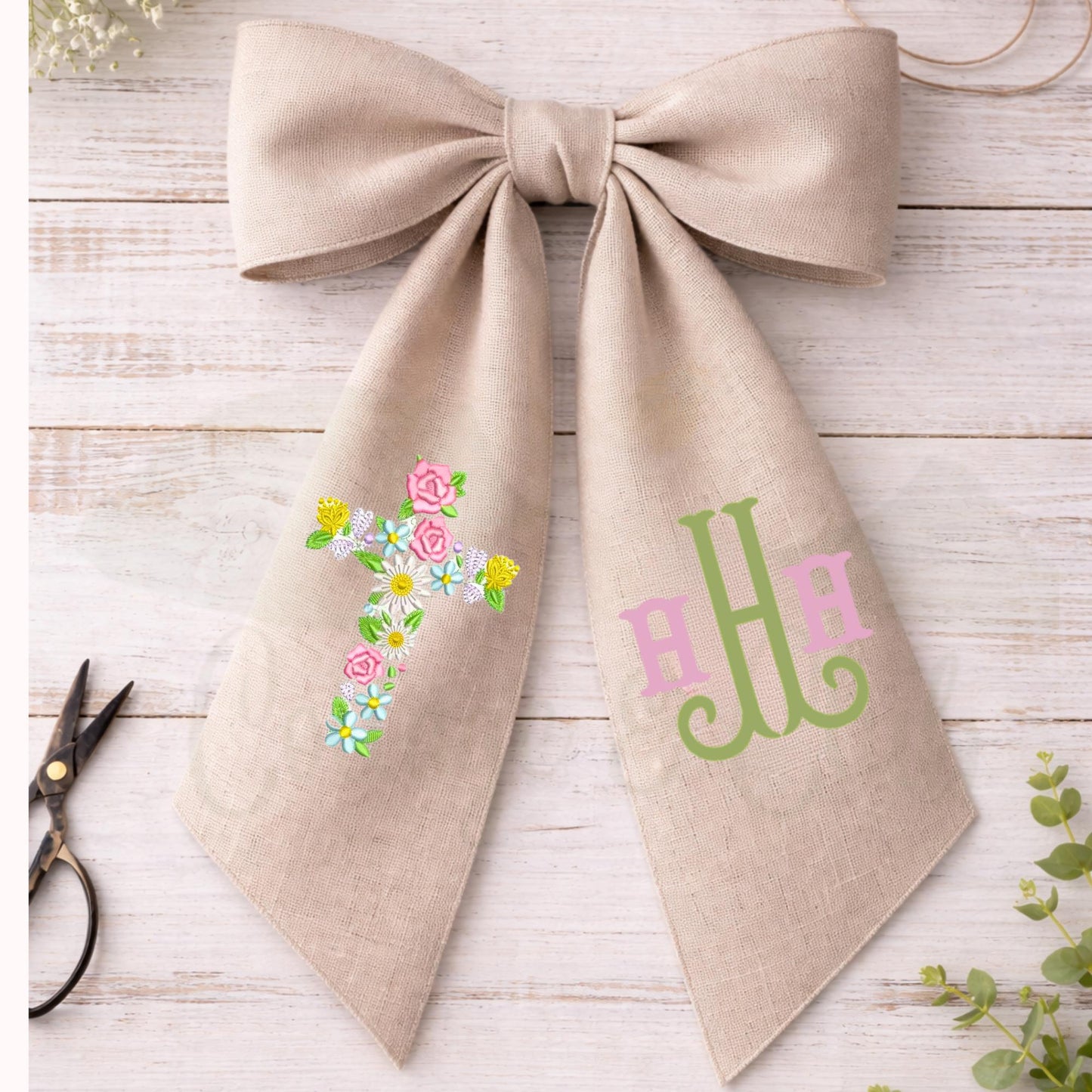 Embroidered Christian Cross Religious Monogrammed Wreath Sash