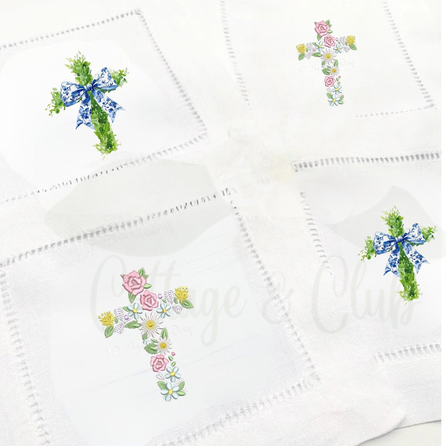 Embroidered Religious Christian Catholic Cross Linen Hemstitch Personalized Cocktail Drink Napkins - Set of 4