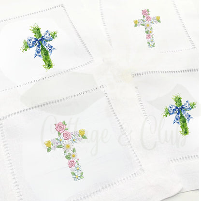 Embroidered Religious Christian Catholic Cross Linen Hemstitch Personalized Cocktail Drink Napkins - Set of 4