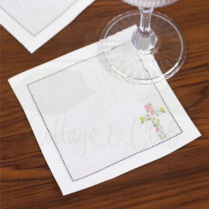 Embroidered Religious Christian Catholic Cross Linen Hemstitch Personalized Cocktail Drink Napkins - Set of 4