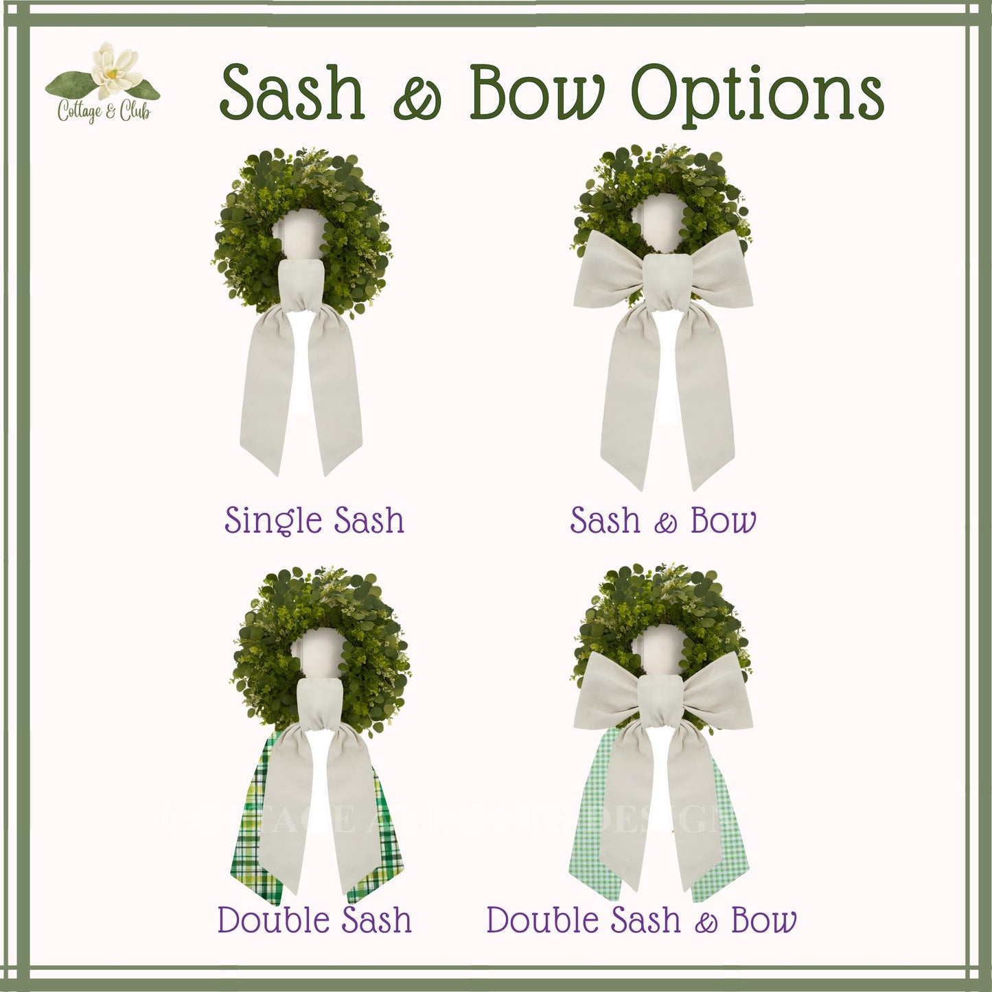 Black and White Check Embroidered Spring Wreath Sash