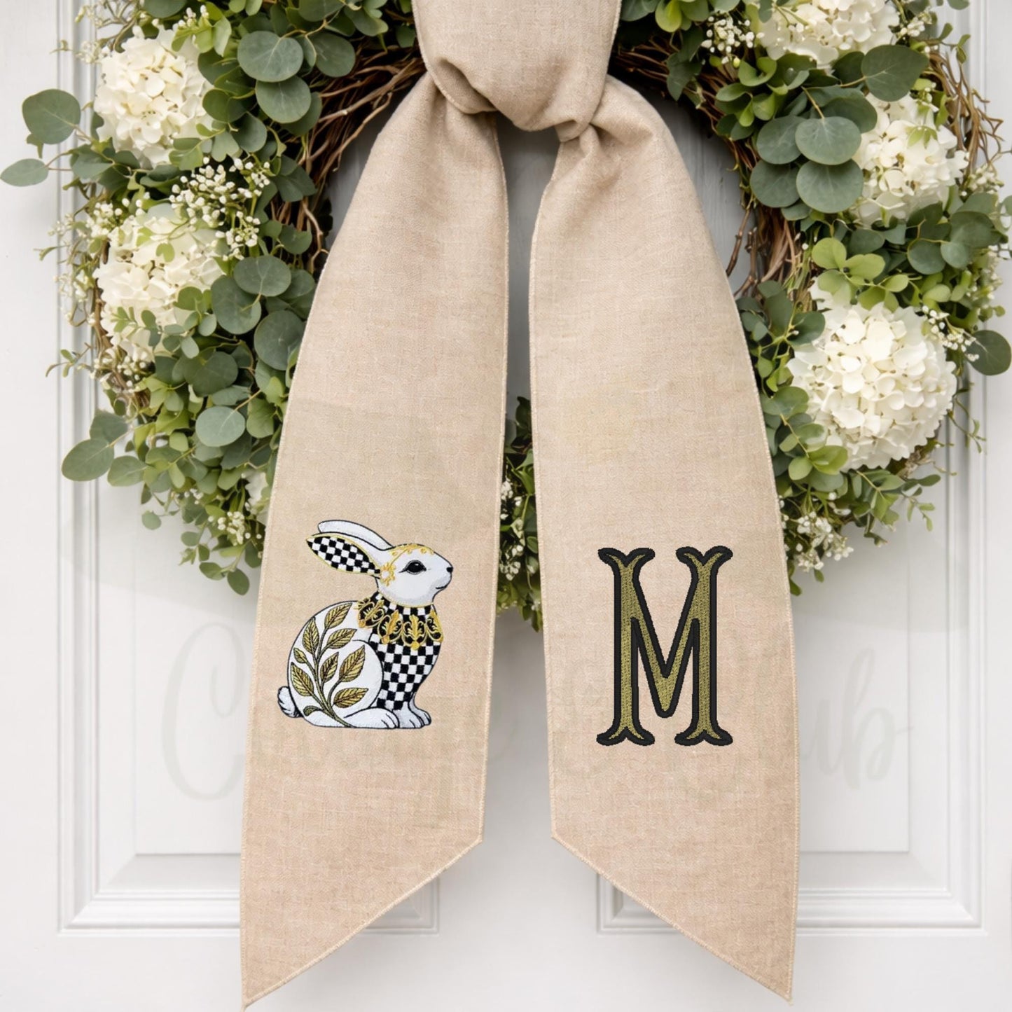 Black and White Check Embroidered Spring Wreath Sash